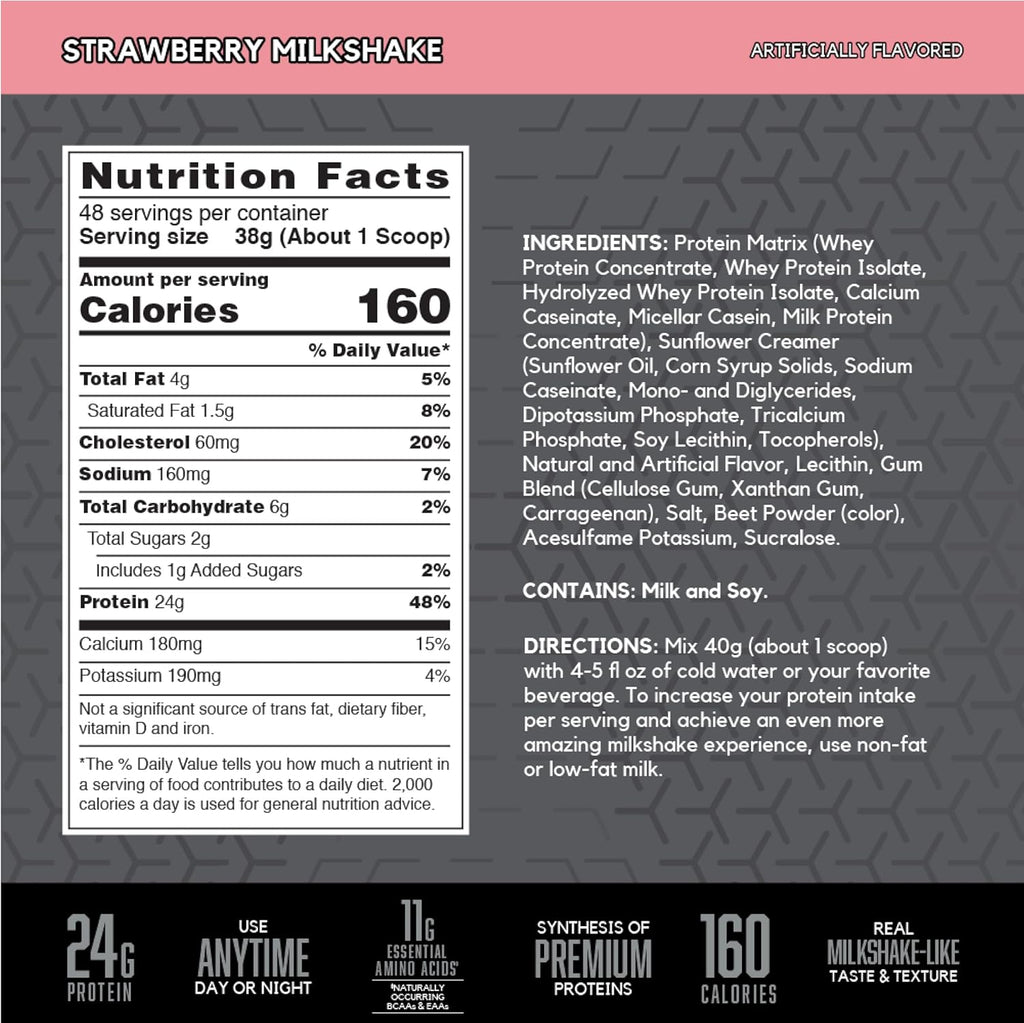 SYNTHA-6 EDGE Protein Powder, with Hydrolyzed Whey, Micellar Casein, Milk Protein Isolate, Low Sugar, 24G Protein, Strawberry Milkshake, 48 Servings