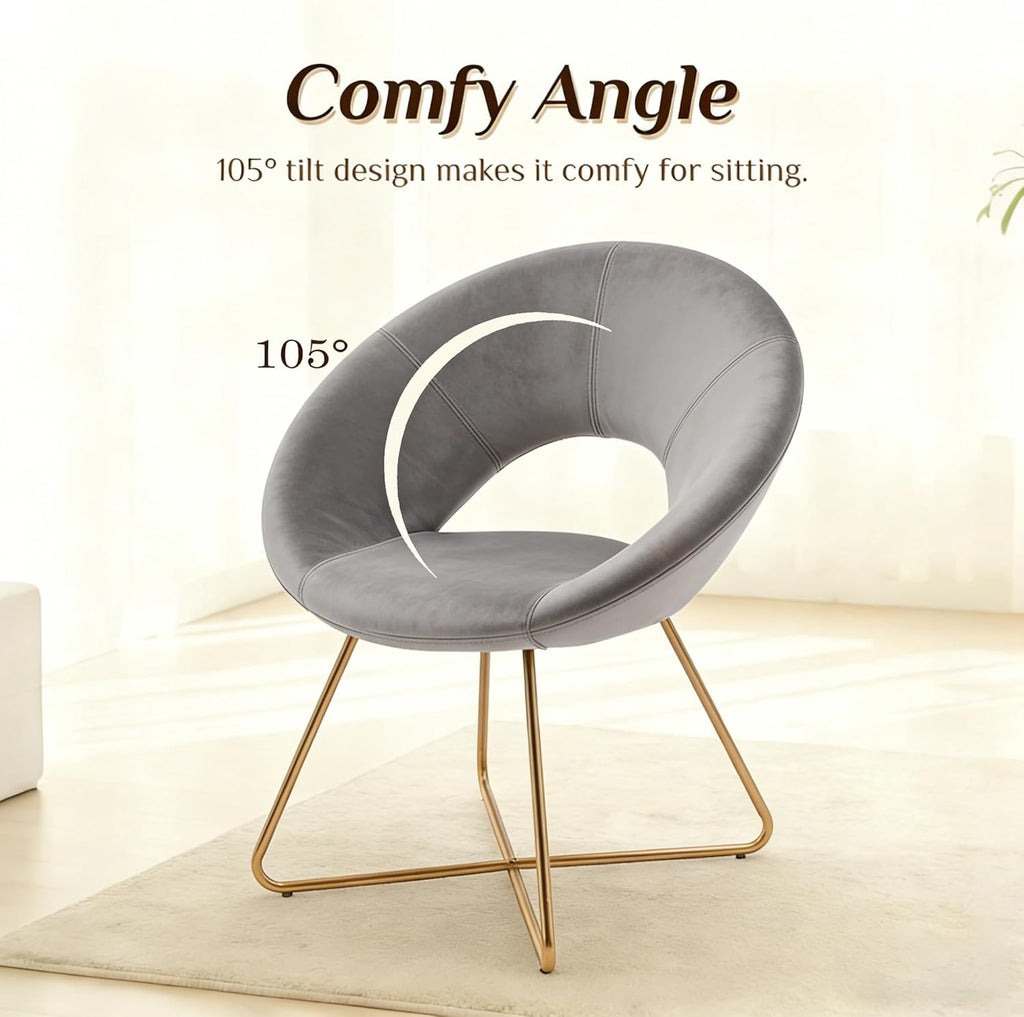 Modern Accent Velvet Chairs Dining Chairs Single Sofa Comfy Upholstered Arm Chair Living Room Furniture Mid-Century Leisure Lounge Chairs with Golden Metal Frame Legs 1 PCS Grey